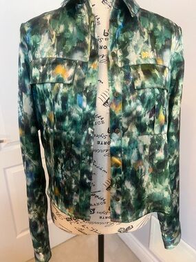 Abstract Green Button-Front Jean Jacket